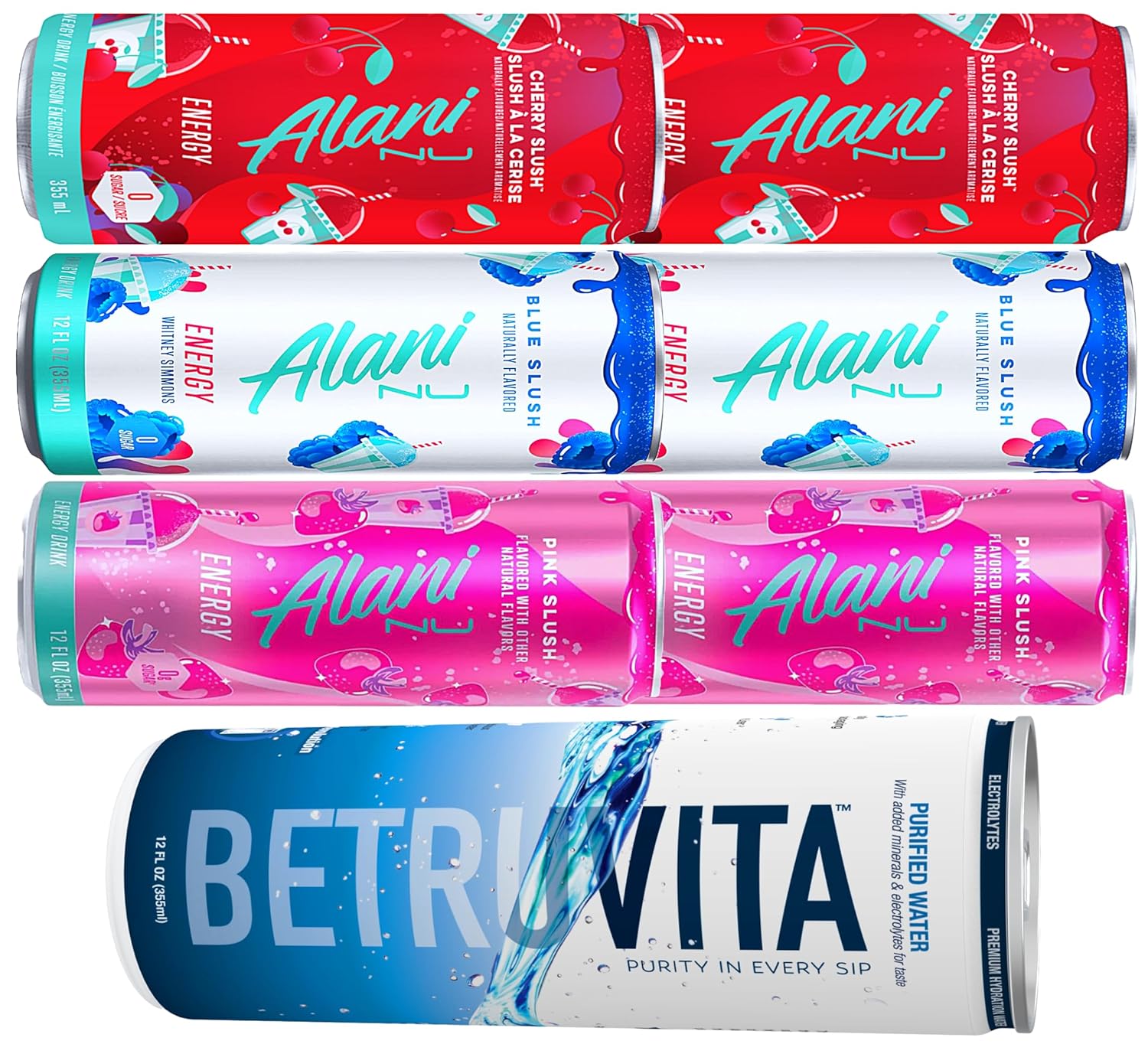 Alani Energy Drink | Pink, Cherry, and Blue Slush Flavors | Pre-Workout Energy Drinks | Gluten-Free, Vegan, Vitamins B6 and B12, Biotin | 12 fl oz Cans | Variety Pack of 6 | Plus One Canned Water for Hydration - Limited Edition