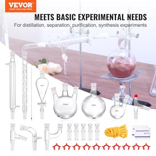 VEVOR New Laboratory Glassware 24/40 Chemistry Glassware 29PCS Chemistry Lab Glassware Kit 250 1000ml for Distillations Separation Purification Synthesis 24/40 29PCS