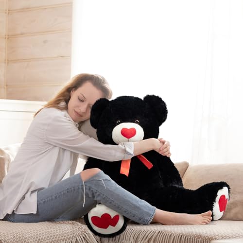 HollyHOME Big Teddy Bear Stuffed Animal Large Bear Plush with Red Heart for Girlfriend and Kids Valentine's Day 36 inch Tan