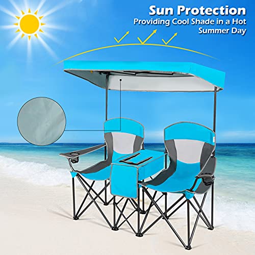 Goplus Double Beach Chair with Canopy Shade, Folding Lawn Camping Chairs with Sunshade & Mini Table Beverage Holder & Carrying Bag for Outdoor Travel Hiking Fishing Poolside (Lake Blue)