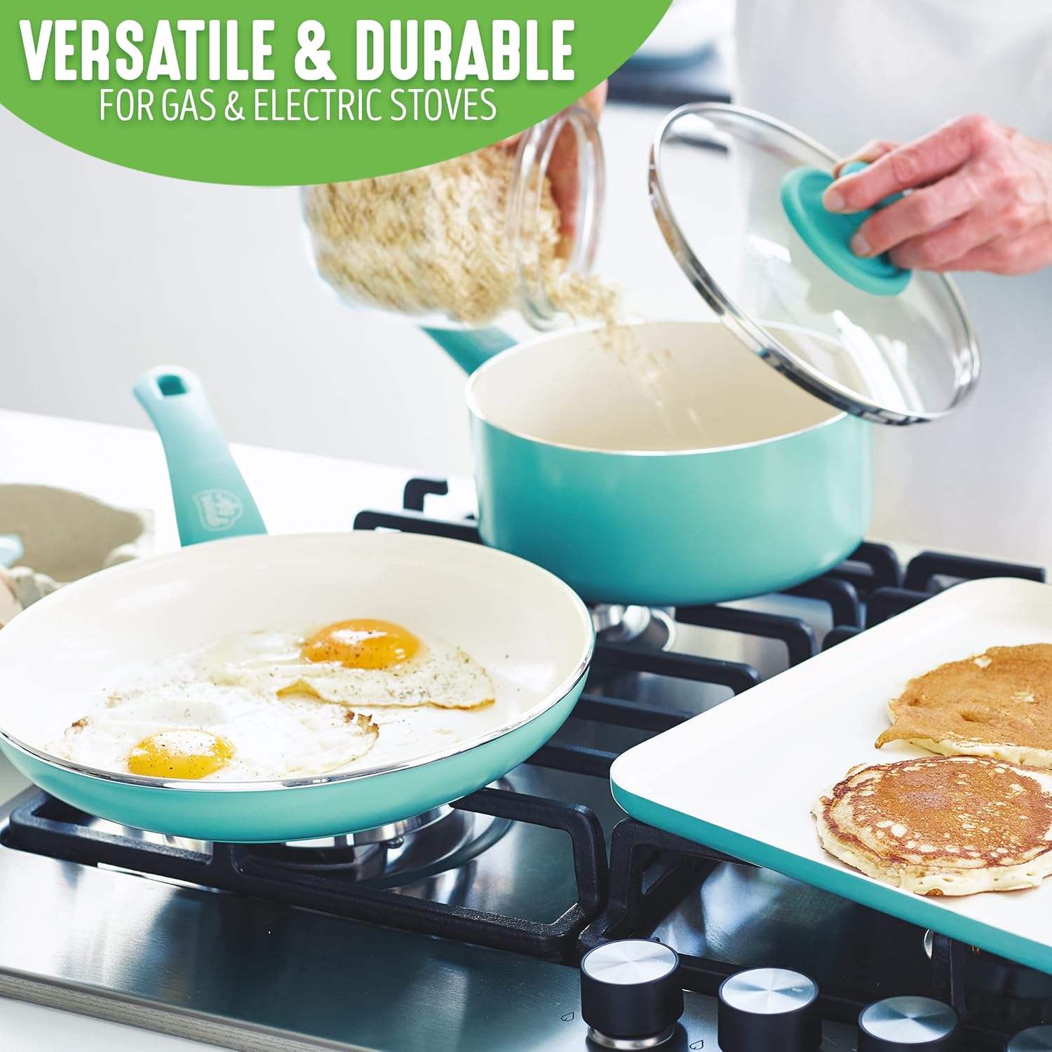 GreenLife Soft Grip Absolutely Toxin-Free Healthy Ceramic Nonstick Dishwasher/Oven Safe Stay Cool Handle Cookware Set, 4-Piece, Turquoise