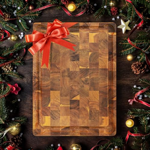 Yes4All Durable Acacia Cutting Boards for Kitchen, [20''Lx15''Wx1.5” Thick] Large End Grain Cutting Board, Pre Oiled Wood Cutting Boards, Thick Chopping Board w/Juice Grooves and Easy Grip Handle