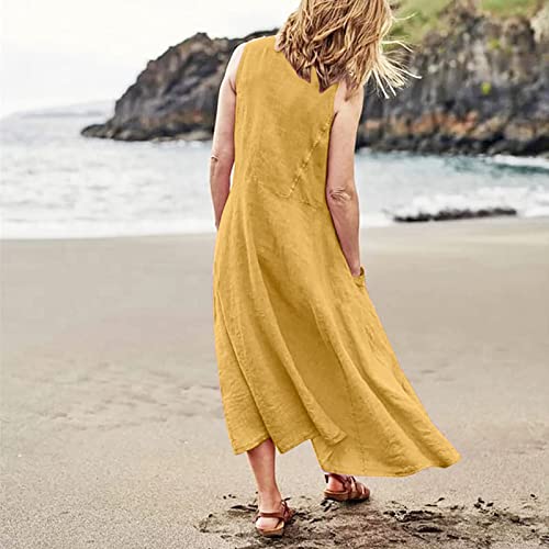 Women 2024 Summer Tank Dress Sleeveless U Neck Printed/Solid Boho Beach Shirt Maxi Flowy Linen Cotton Dresses with Pocket