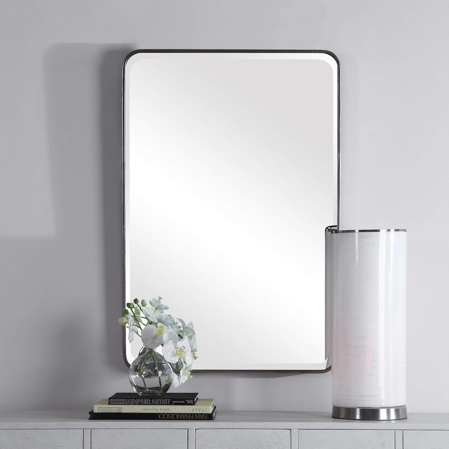 MY SWANKY HOME Luxe Minimalist Silver Gray Wall Mirror Vanity Rounded Corners Classic 36 in