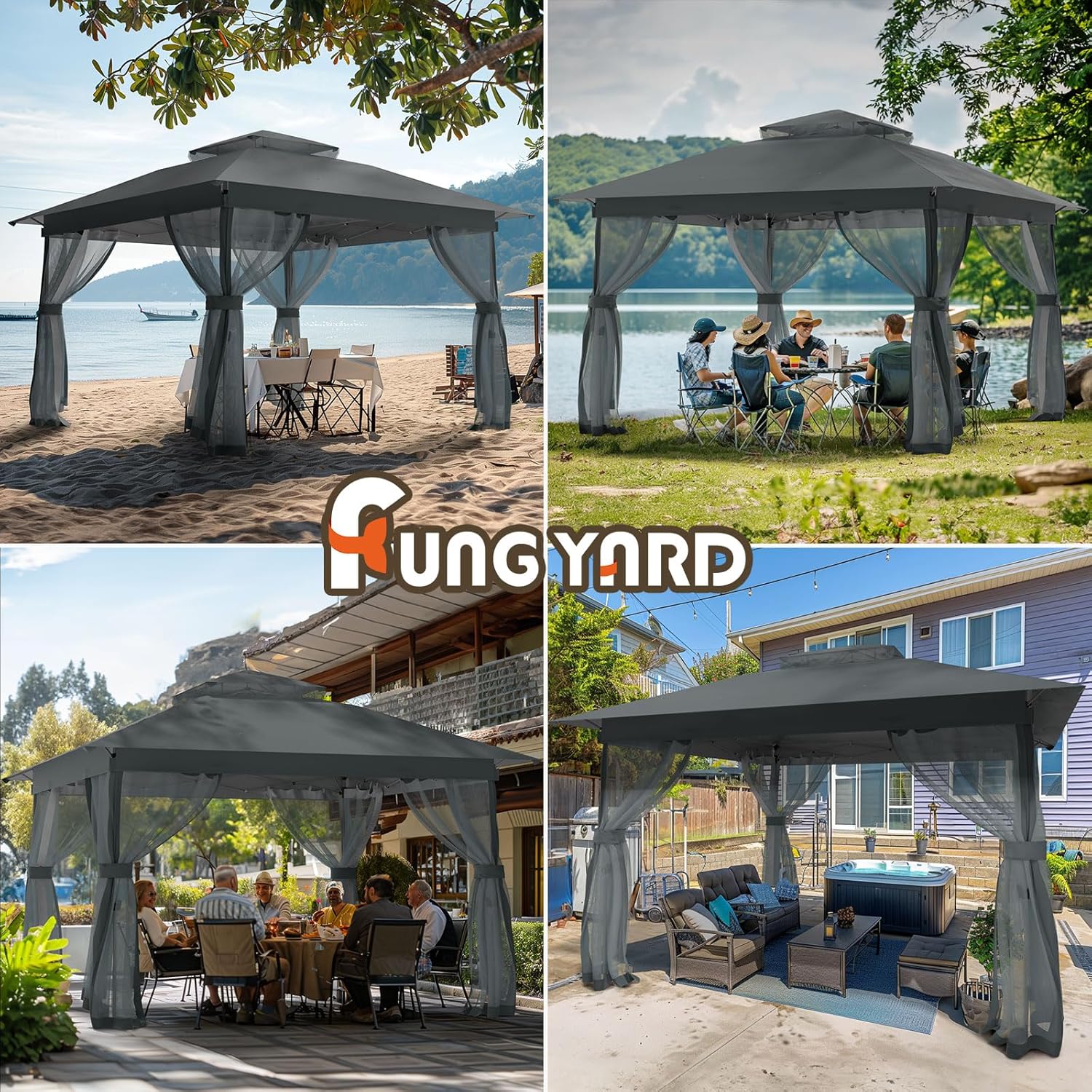11x11 Outdoor Patio Gazebo with Mosquito Netting - Double Roof Pop Up Canopy Tent with Wheeled Carry Bag, Outdoor Canopy Shelter for Patio Backyard Deck Lawns Garden (11x11ft Grey)