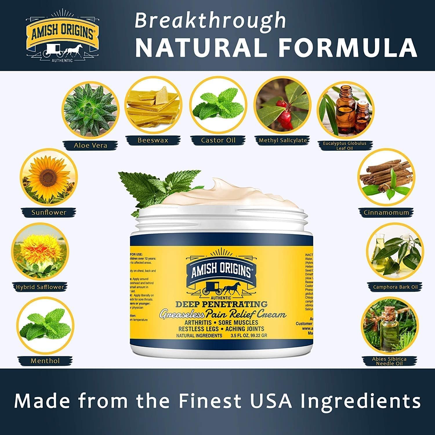 Amish Origins Arthritis Pain Relief Cream - 7 oz - Maximum Strength Deep Penetrating for Joint, Muscle, Knee, Back, Feet, Hand, Ankle, Aches, Neuropathy