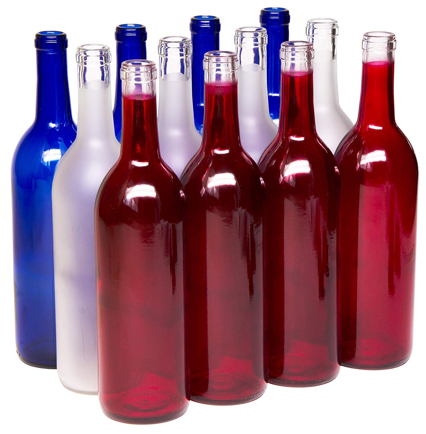 North Mountain Supply - W5A-RWB 750ml Red White & Blue Assortment Glass Bordeaux Wine Bottle Flat-Bottomed Cork Finish - Case of 12