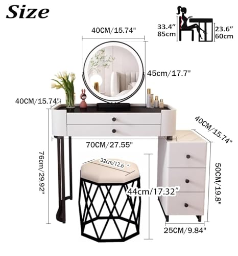 Dressing Table with LED Mirror and Stool, Makeup Table with Bluetooth Speaker and Wireless/USB Charging, Cosmetic Bedroom Dresser Vanity Desk with 5 Drawers, Gift for Women(White,80cm)