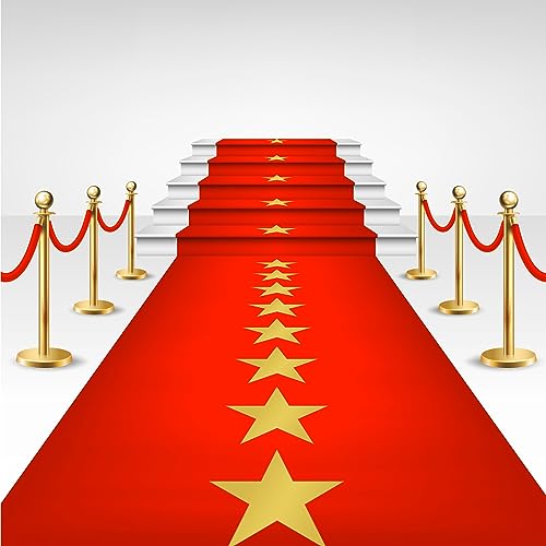 Disposable Red Plastic Carpet Runner for Party Movie Night Red Carpet with Golden Star Red Runner Rug for Floor Stage Stairs Birthday Wedding Theme Decoration Prom Decor(3.28 x 32.8 ft)