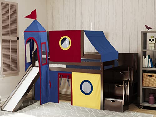 JACKPOT Castle Low Loft Stairway Bed with Slide Blue & White Tent and Tower, Loft Bed, Twin, Gray