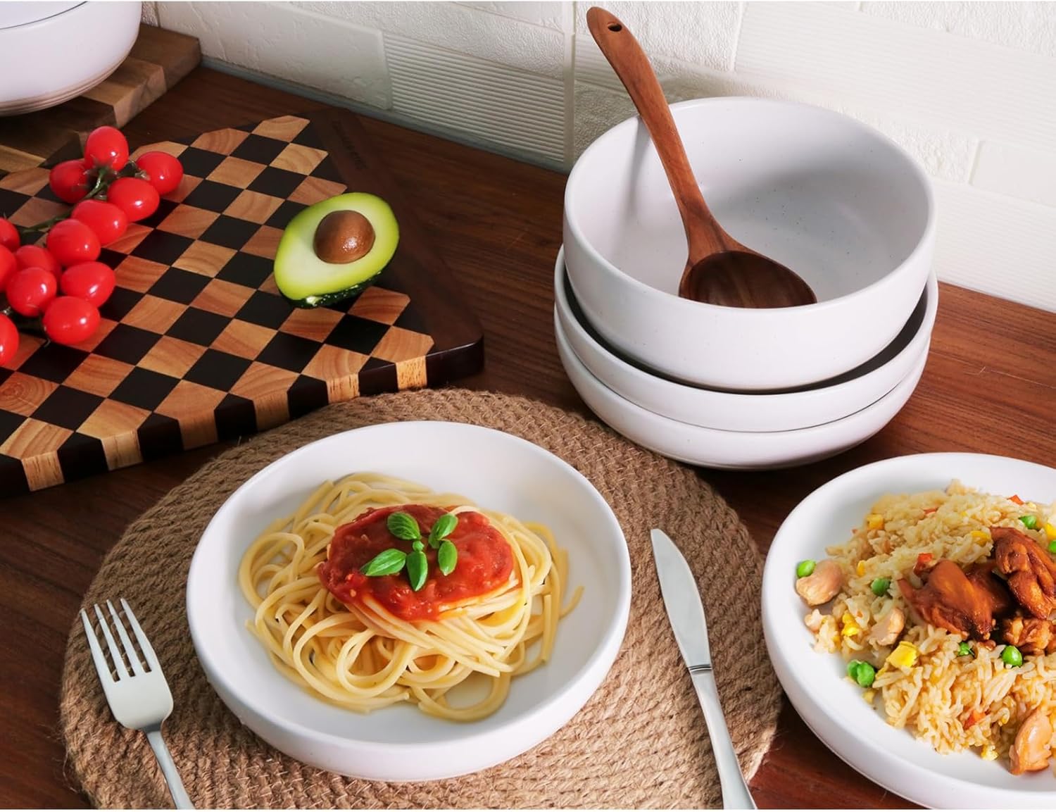 Pasta Bowls Set of 4,Ceramic Flat Pasta Bowls Ceramic Serving Bowls,Dinner Bowls,Stoneware Bowl Plates Set,Microwave & Dishwasher Safe