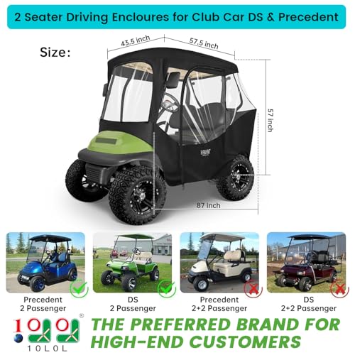 10L0L Golf Cart Enclosure for 2 Seater Club Car DS Precedent Onward and Tempo, 600D Waterproof and Windproof Golf Buggy Cover with Side Mirrors Opening Zipper 4 Side Clear Windows and Taillight Zone