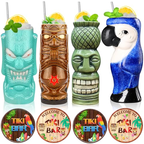 Tiki Mugs Set of 4 - Large Ceramic Hawaiian Party Mugs Drinkware Cocktails Premium Tropical Cups cute exotic cocktail glasses-TJB08 (4)