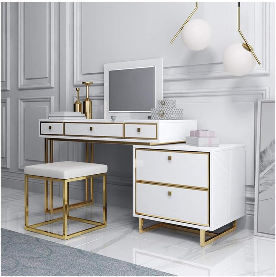 Vanity Table Set Wooden Make Up Table,Large Sliding Drawers Makeup Dressing Table with Cushioned Stool