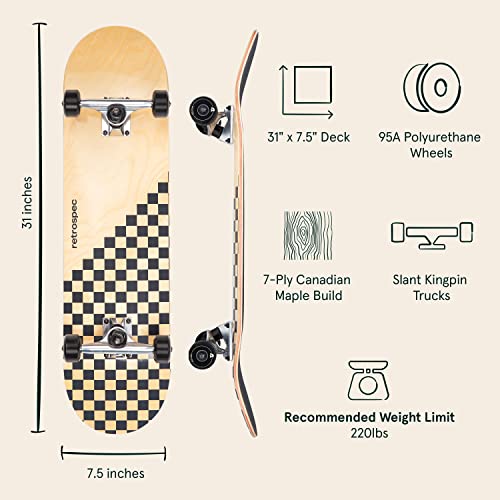 Retrospec Alameda Skateboard Complete | Canadian Maple Wood Deck w/ 5.5 Inch Aluminum Alloy Trucks for Commuting, Cruising, Carving & Downhill Riding