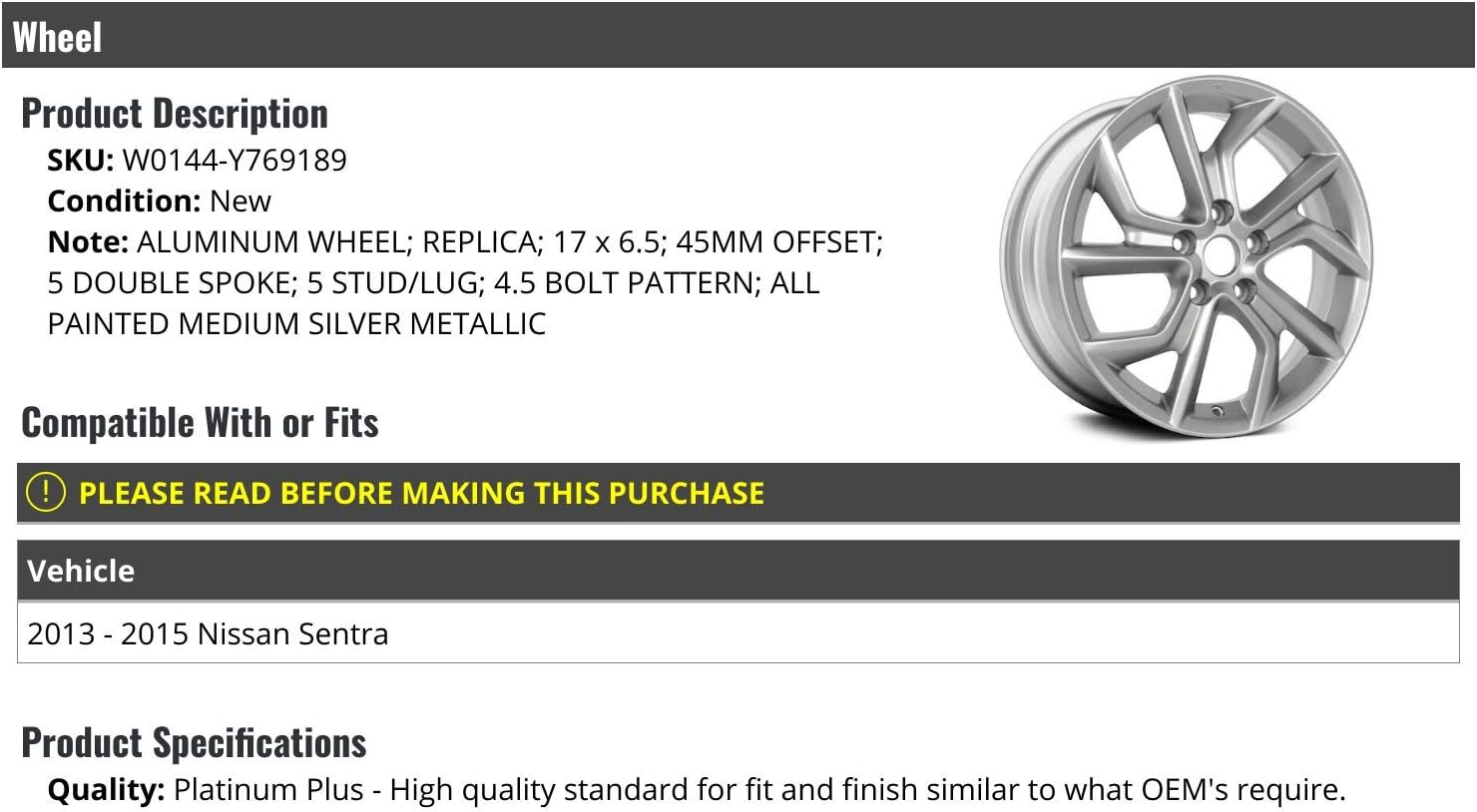 Aluminum Wheel - Medium Silver Metallic - 17 x 6.5 Inch - 5 Double Spoke - 5 Lug - 45mm Offset - Compatible with 2013-2015 Nissan Sentra