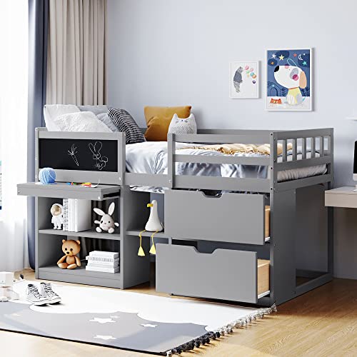 Twin Size Wood Loft Bed with Desk and Drawers, Convertible Shelves, Cabinet and Ladder, for Kids Teens, White
