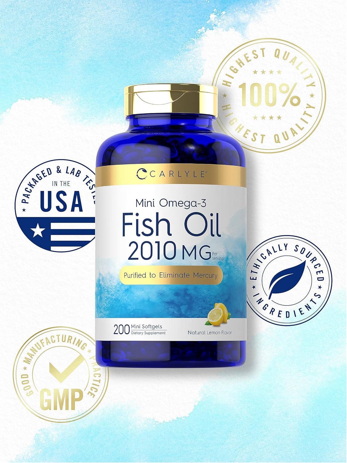 Carlyle Mini Fish Oil Softgels | 2010 mg | 200 Omega-3 Pills | with EPA & DHA | Non-GMO & Gluten Free Supplement