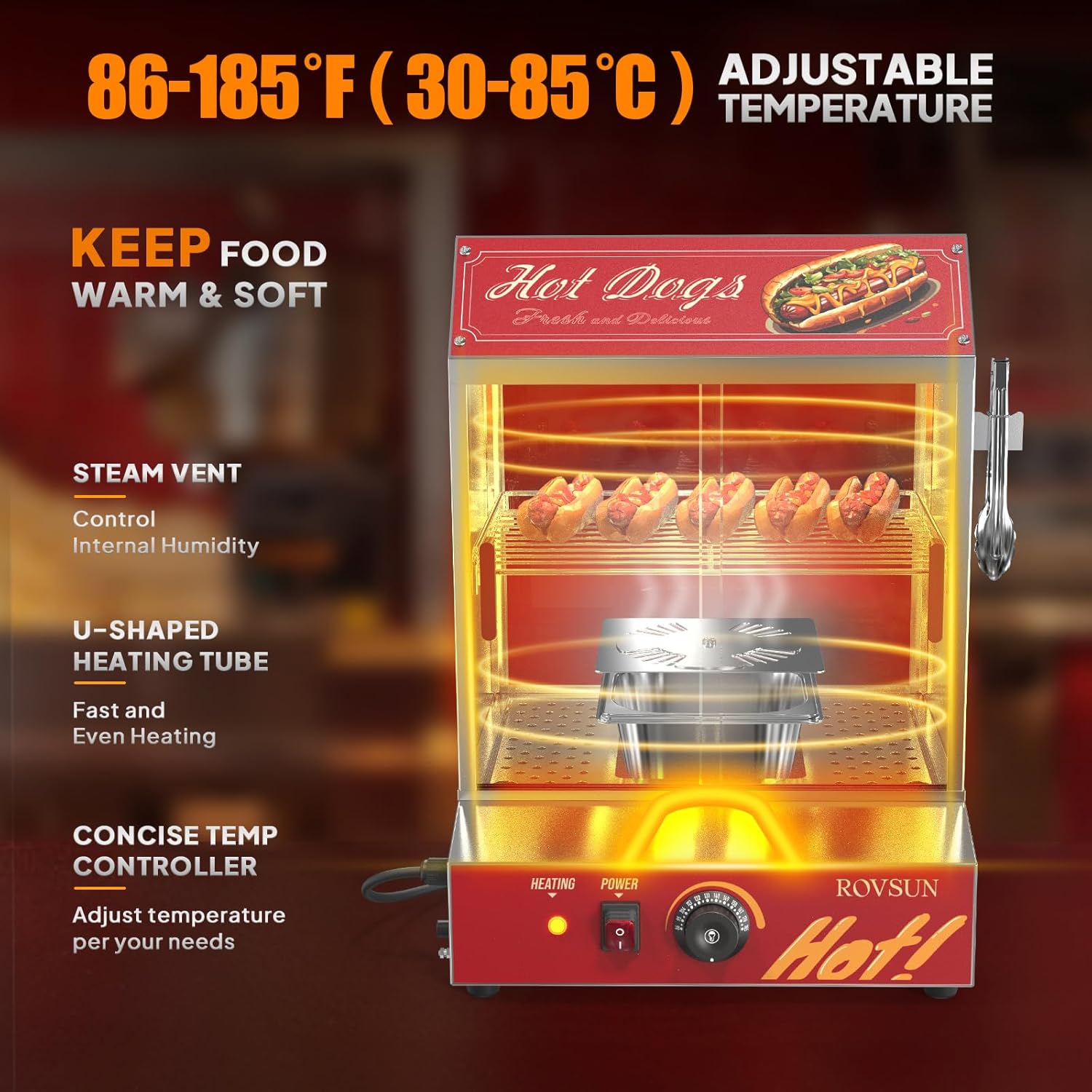 Hot Dog Steamer 175 Hot Dogs & 40 Buns Capacity, 31.7QT/30L Hut Steamer Hot Dog Steamer and Bun Warmer Cooker 2-Tier with Removable Shelves Food Clip for Party Event Concession Stand