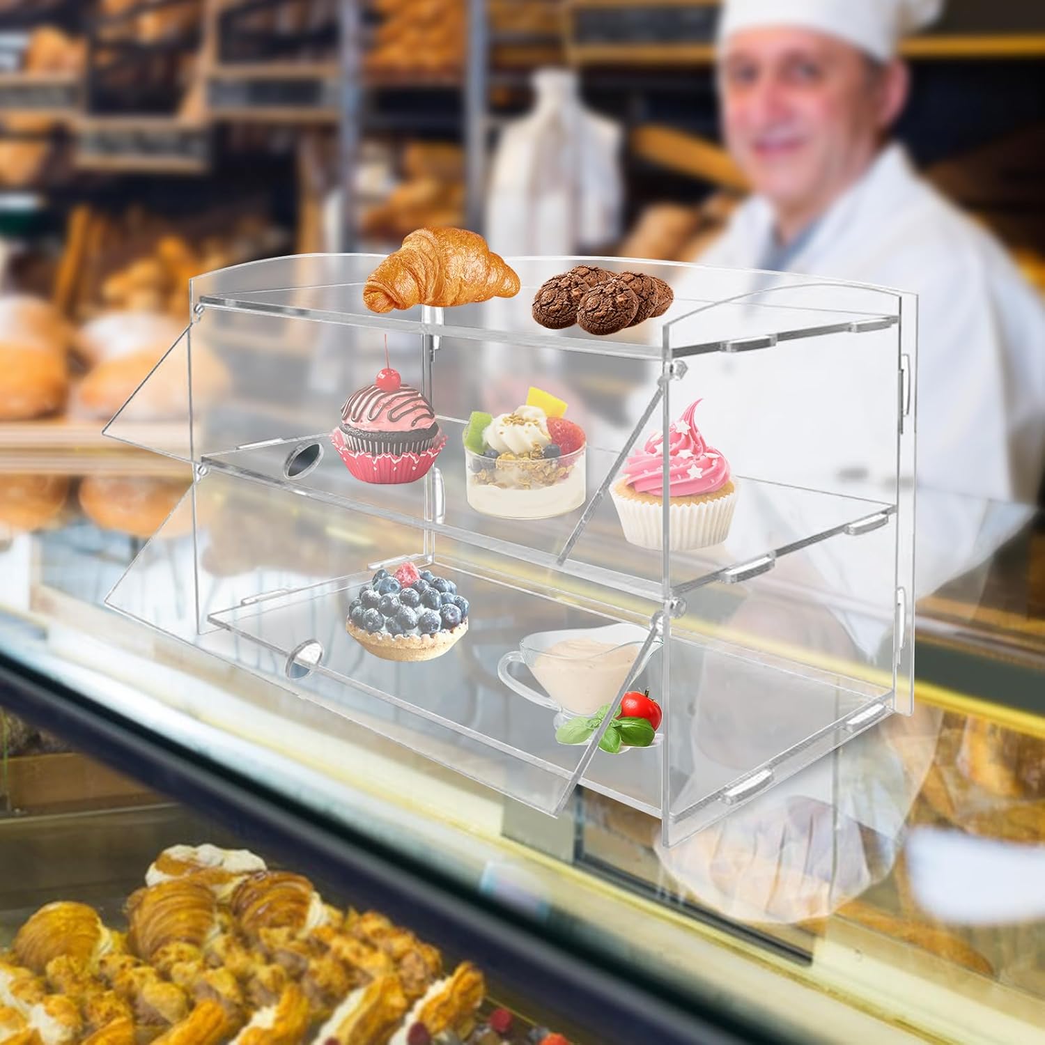 3 Tiers Home/Commercial Countertop Bakery Display Case with Doors, Clear Acrylic Box Cookie Donut Dessert Self Serve Pastry Dispaly Case for Retail Display or Home Party