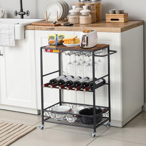 smusei 3 Tier Liquor Cart with Wine Rack and Glass Holder Drink Cart with Wheels Brown Rolling Outdoor Serving Carts Mobile Beverage Cart Bar Carts for The Home, Kitchen, Dining Room