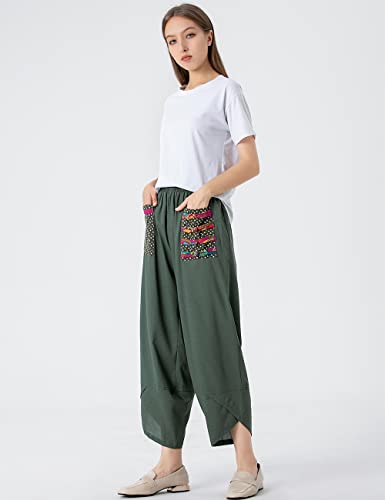 Minibee Women's Baggy Linen Wide Leg Trousers Casual Patchwark Elastic Waist Harem Pants