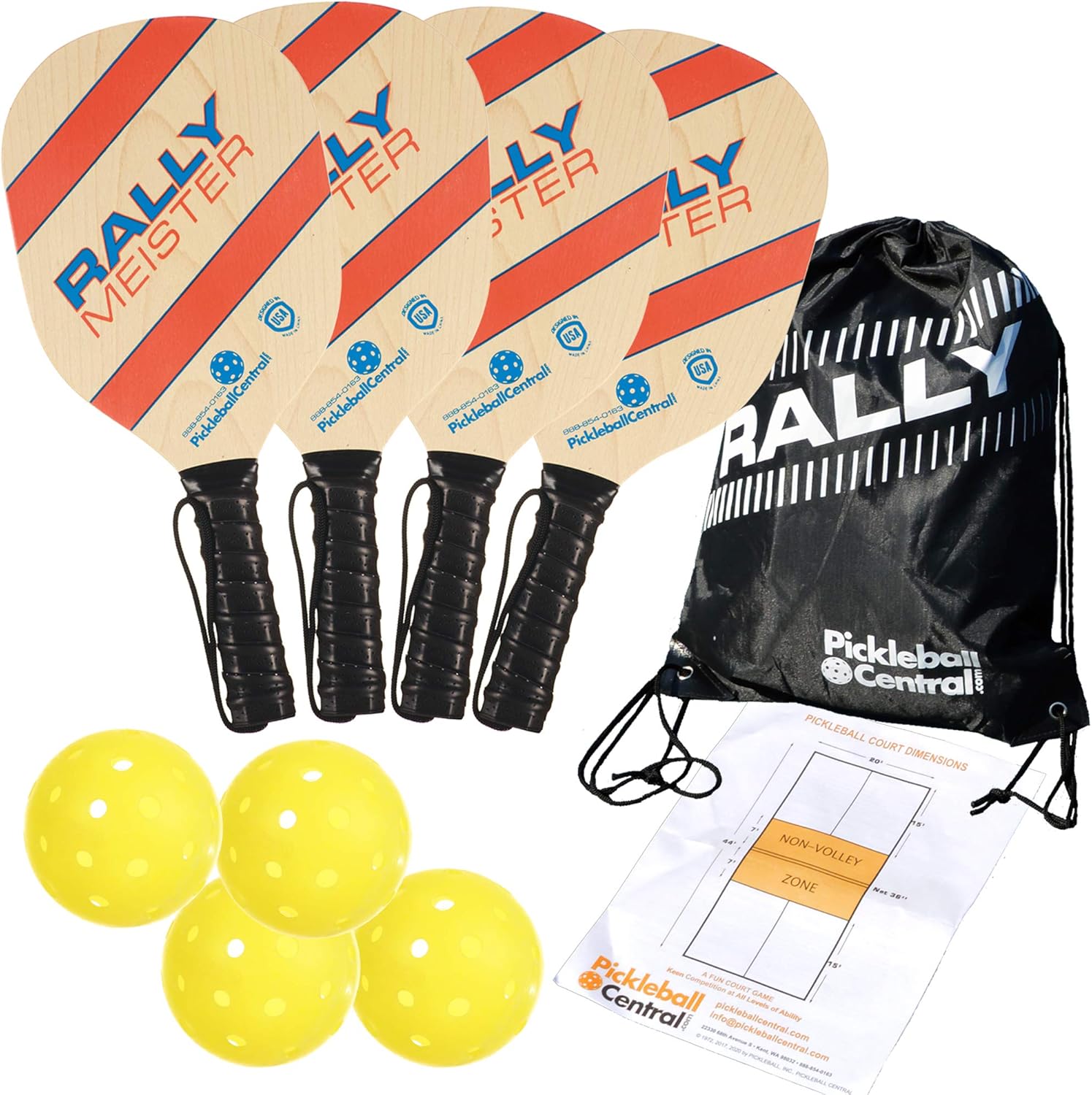 Rally Meister Beginner Wood Pickleball Paddle Set for 4 Players (4 Paddles + 4 Outdoor Pickleballs + Drawstring Bag + Rules/Strategy Guide)