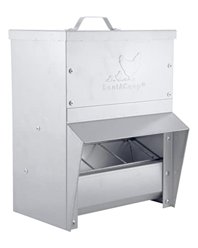 RentACoop Galvanized Chicken Trough Feeder, Weatherproof Poultry Food Dispenser with Lid 25LB Capacity