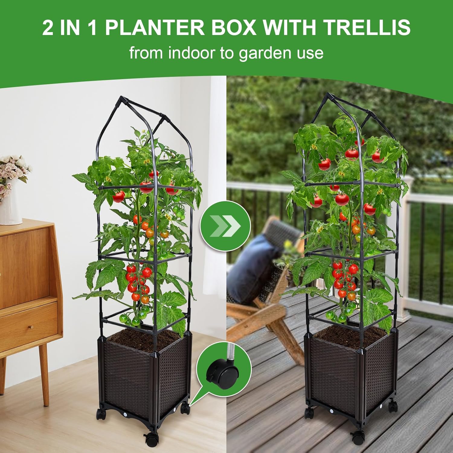 Plant Box with Trellis for Climbing Plants, 52 inch Self Watering Raised Bed Planter Box with Trellis, Tomato Planter Boxes Garden Trellis with Wheel for Climbing Vegetables Plants Flowers