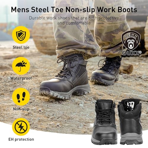 OUXX Mens Work Boots, YKK Zipper, Steel Toe Shoes, Anti-Slip Rubber Sole, Puncture-Proof(OX2518)