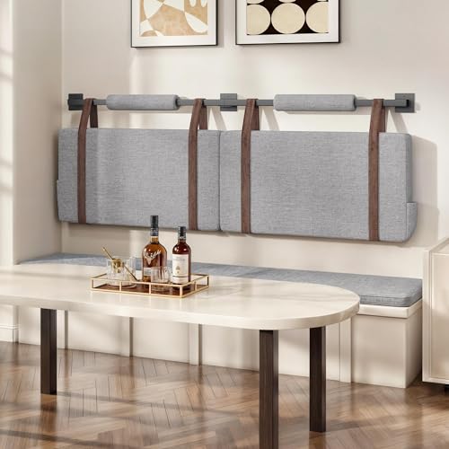 YITAHOME Wall-Mounted Twin Headboard Only, Linen Hanging Upholstered Headboard with Side Pockets, Industrial Pipe, Adjustable Height Leather Straps, for Bedroom Dorm Entryway, Grey & Brown