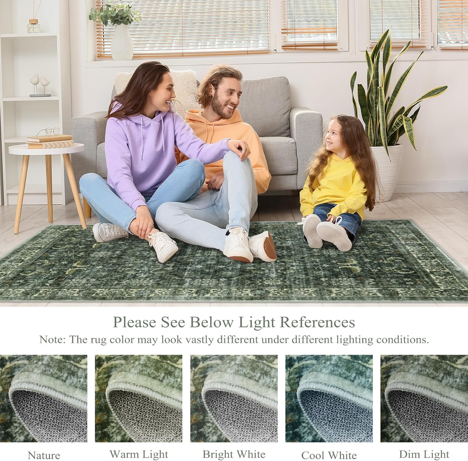 Anidaroel Washable Area Rug 5x7, Boho Large Green Rug for Living Room Vintage Soft Rugs for Bedroom, Non Slip Stain Resistant Dining Room Mat Carpet for Department Entryway Kitchen