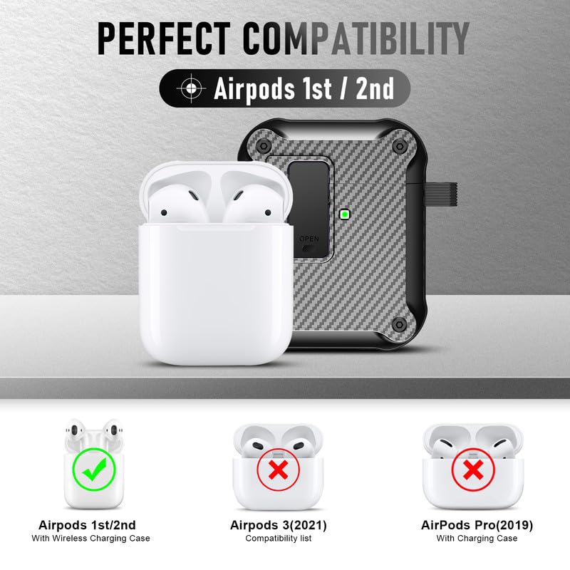 Valkit for Apple AirPods 2nd Generation Case with Secure Lock Clip, Carbon Fiber Hard Shell AirPod 2 Case Cover with Lanyard for Men Women AirPods 2 Wireless Charging Case for AirPods 2 & 1, Black