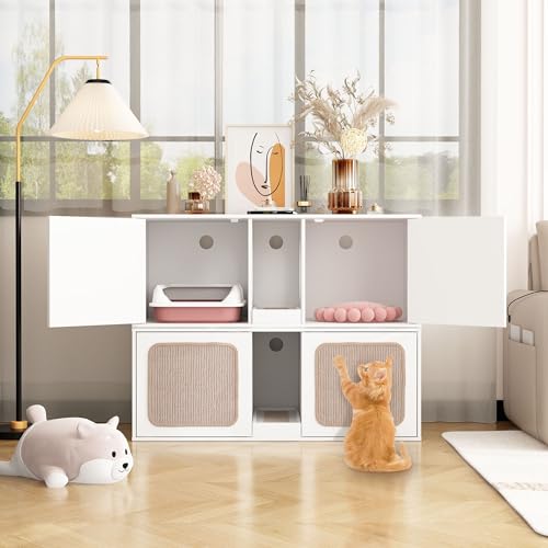 Lovinouse Hidden Cat Litter Box Enclosure Furniture, 43.3 Inch Cat Washroom with Double Room and Litter Catch, Wooden Cat House Side End Table Nightstand for Indoor (White)