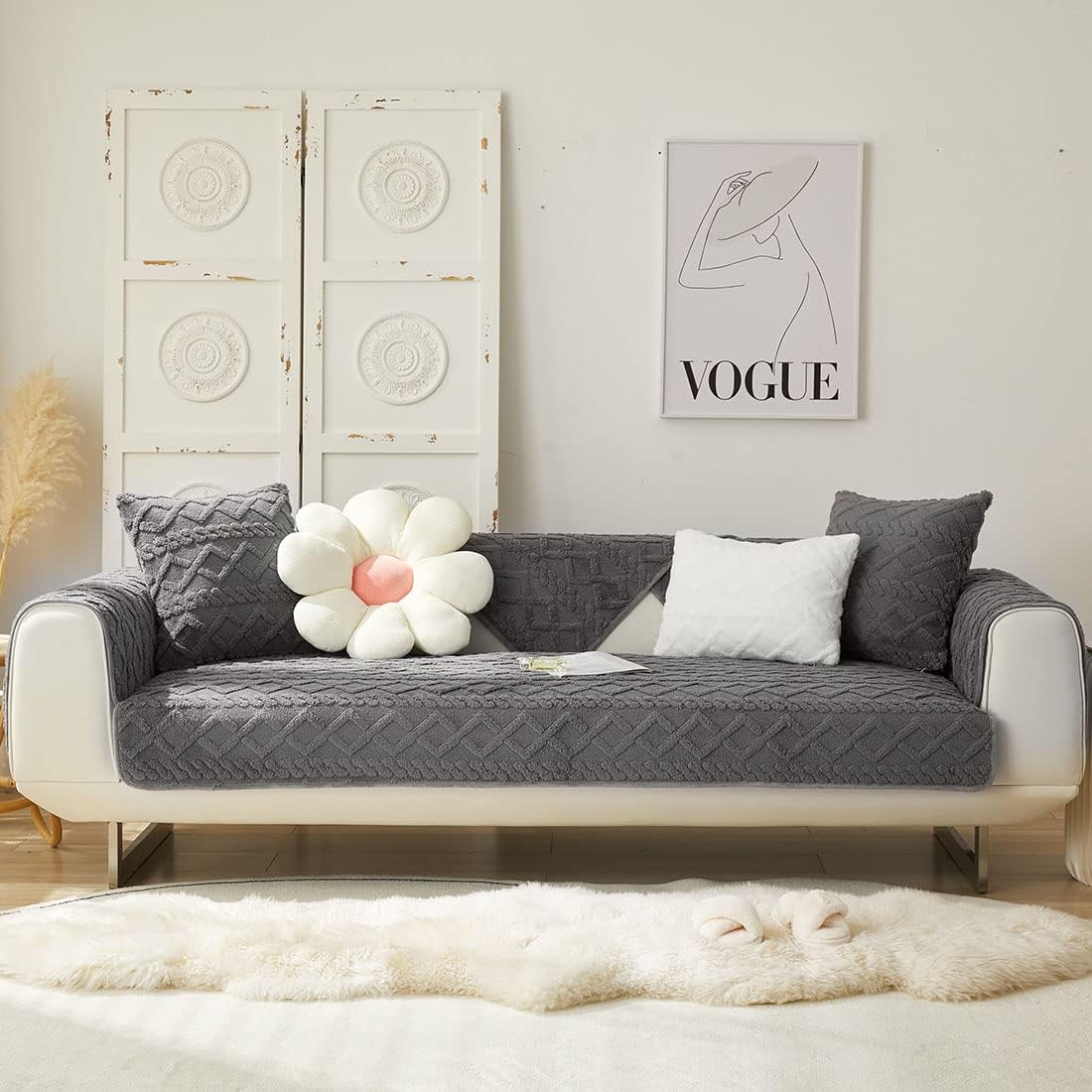 vctops Geometric Jacquard Plush Sofa Couch Covers Farmhouse Neutral Non Slip Sectional Couch Cover Soft Warm Sofa Slipcover for Dogs, Children, Pets Furniture Protector (Dark Grey,28