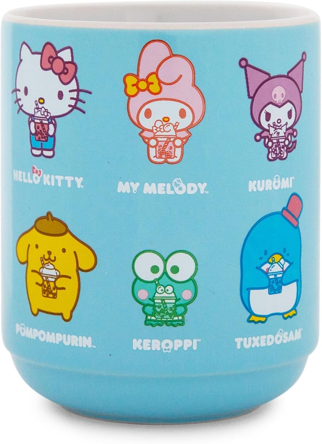Hello Kitty Sanrio and Friends Drinking Boba Character Grid Asian Ceramic Tea Cup | Traditional Japanese-Inspired Mug Without Handle | Holds 9 Ounces