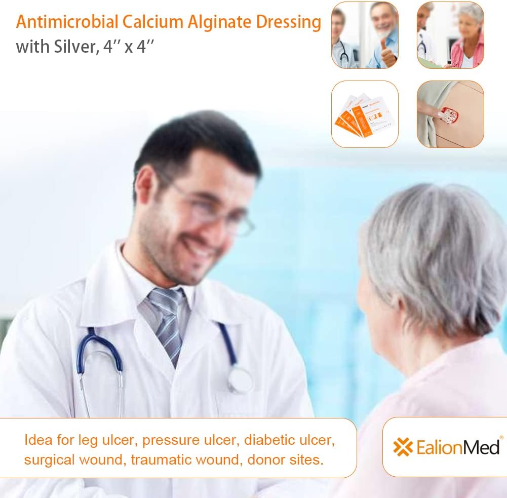 Silver Calcium Alginate Wound Dressing Pad 4''x4'', 10 Packs, High Absorbency Non-Stick Ag Gauze Patch for Pressure Ulcer,Bed Sore,Leg Sore,Diabetic Foot Ulcer