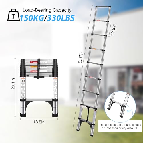 10.5 FT Stainless Steel Telescoping Ladders - One-Button Retraction Collapsible Extension Ladder for Home,RV,Attic,Lasts 375 LBS with Balance Bar and Wheels