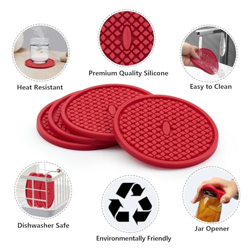 Coasters for Drinks, Silicone Coasters Set, Cup Mat - Deep Grooved - Non-Slip Base & Non-Stick, Heat Resistant Coasters for Prevents Furniture and Tabletop Damages-Black (Dots,8Pack-Black)