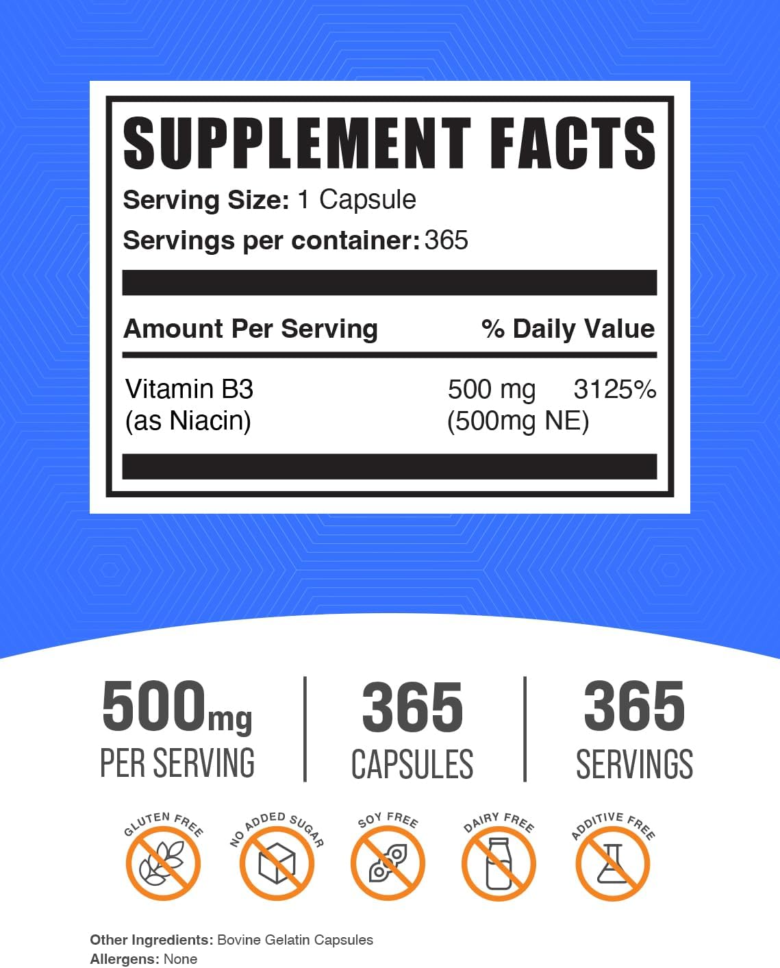 BulkSupplements.com Niacin Capsules - Niacin Flush, Vitamin B3 Niacin Supplement, Niacin 500mg - with Flushing, Gluten Free, 1 Capsule per Serving, 365 Capsules (Pack of 1)