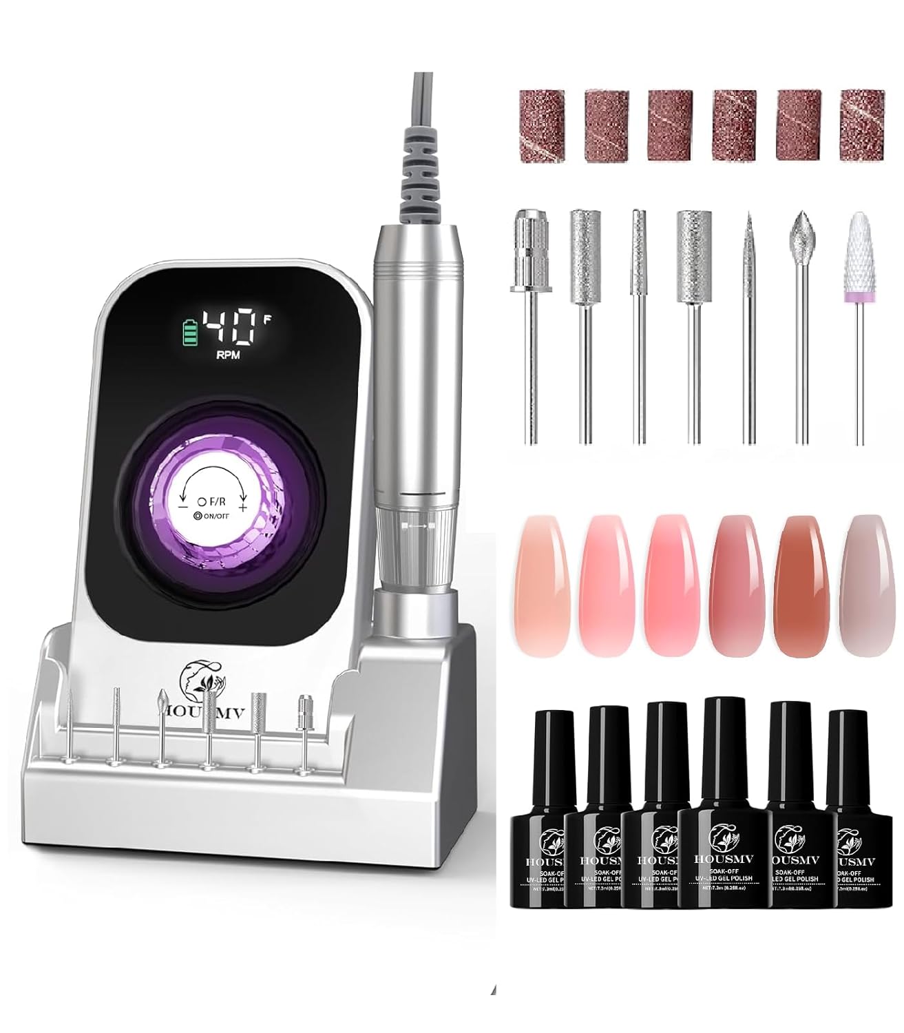 Portable Nail Drill Electric File with Gel Nail Polish Set: 40000RPM Professional Rechargeable Nail E File Machine, Cordless Nail Drill with Bits & Base 6 Colors UV LED Nail Polish