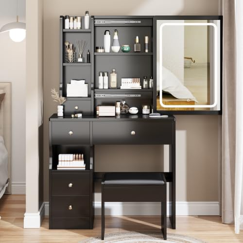 Makeup Vanity Table Set with Mirror & Lights, LED Black Vanity Desk with Cushioned Stool, 6 Drawers 2 Storage Shelves, Modern Dressing Table Dresser Vanity Desk for Women, Girls,(Black)