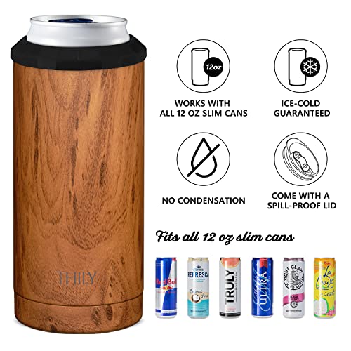 Vacuum Insulated Skinny Can Cooler - THILY Stainless Steel Drink Sleeve Holder for Slim Beer & Hard Seltzer | 2 in 1 Insulated Travel Tumbler with Lid, Fits 12 oz Slim Cans, Lotus Flower