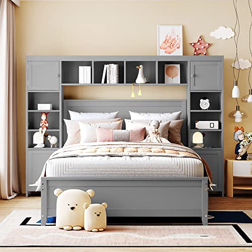 Full Size Platform Bed with All-in-One Cabinets,Shelfs and 4 Storage Drawers,Solid Wood Low Bedframe for Kids Teens Adults Bedroom Guest Room,Space-Saving Design,Grey