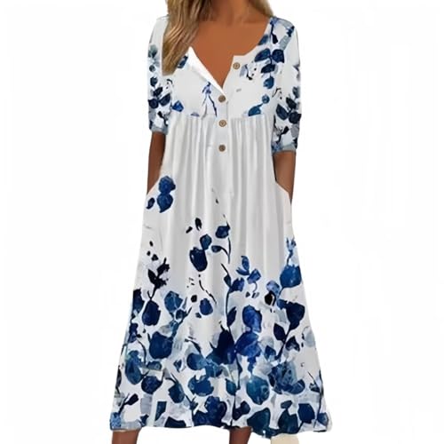 Boho Dress with Pockets for Women Geometric Floor Length Floral Dress Short Sleeve Shirt Dress Button Maxi Sundress