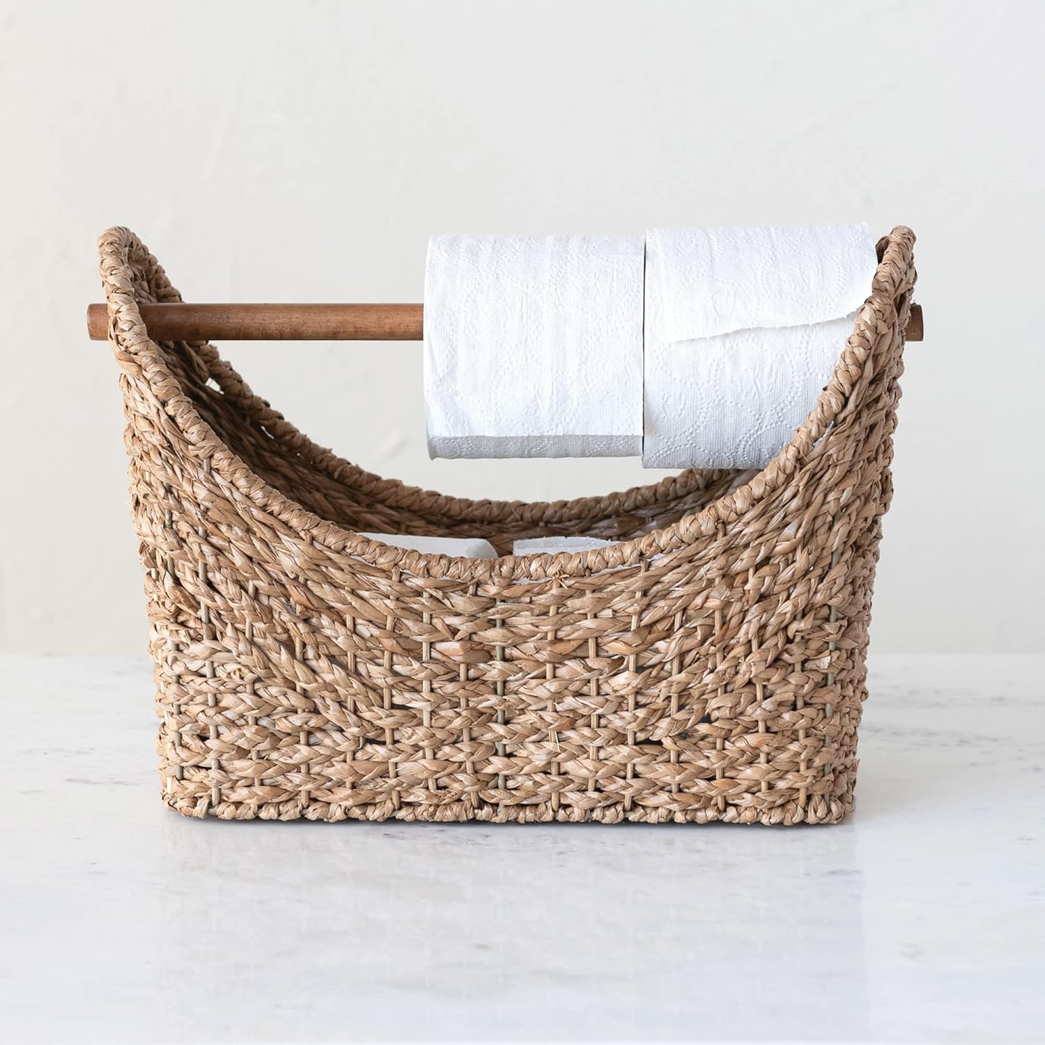 Creative Co-Op Oval Handwoven Bankuan Toilet Paper Basket with Wood Handle, Natural Decorative Storage, 16