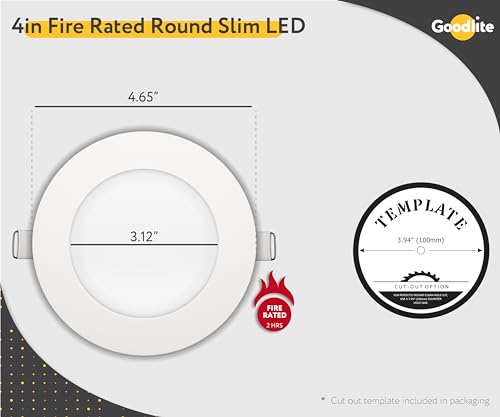 Goodlite 3-inch LED Fire-Rated, Round Slim - Recessed 8W Downlight, 120-277V, CRI 90+, ETL Listed, Dimmable Triac & 0-10V, 600 Lumens, 5CCT 27K-30K-35K-41K-50K, 50k Hr, Equal to 50W, 1ct (G-96921)