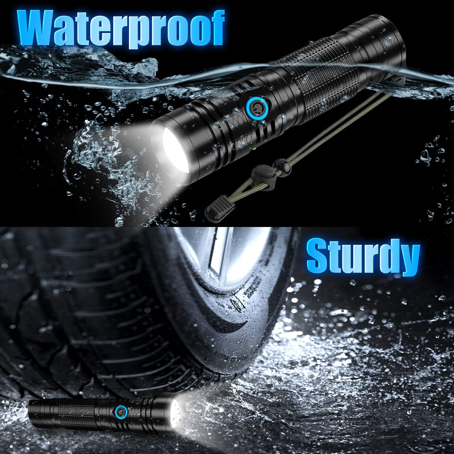 XHP50.2 Rechargeable LED Flashlight, 1200 Lumens, 5000mAh Battery, USB Rechargeable, Waterproof, Handheld, Tactical, 4 Modes