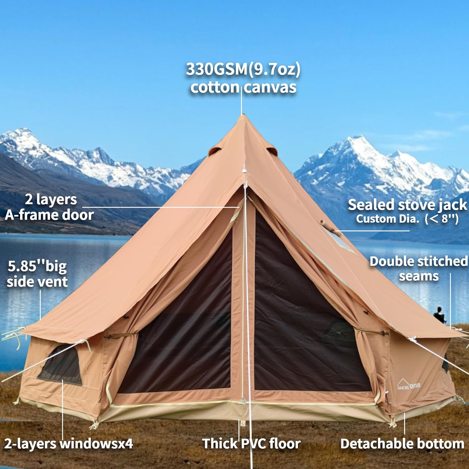 DANCHEL OUTDOOR Canvas Brown Bell Tents Stove Jacks with Arch Awning Shelter for 4 Season Family Camping, Waterproof Luxury Glamping Yurts Tent 100% Cotton Canvas(13ft/4M)