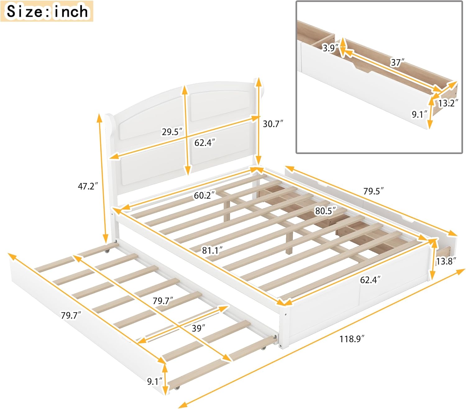 Wood Queen Size Platform Bed with Twin Size Trundle and 2 Drawers, White